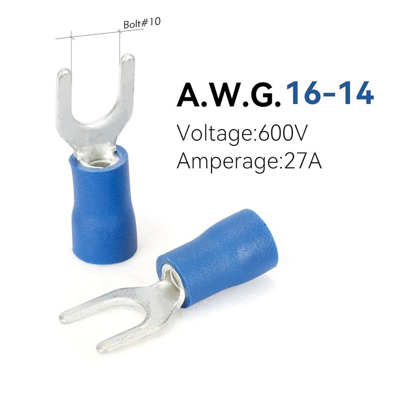 HK-S 200PCS Insulated Fork Spade Wire Connectors - Blue 16-14 AWG M5 Stud Size #10 - Tinned Red Copper - U-Type Electrical Crimp Terminals - Image 5